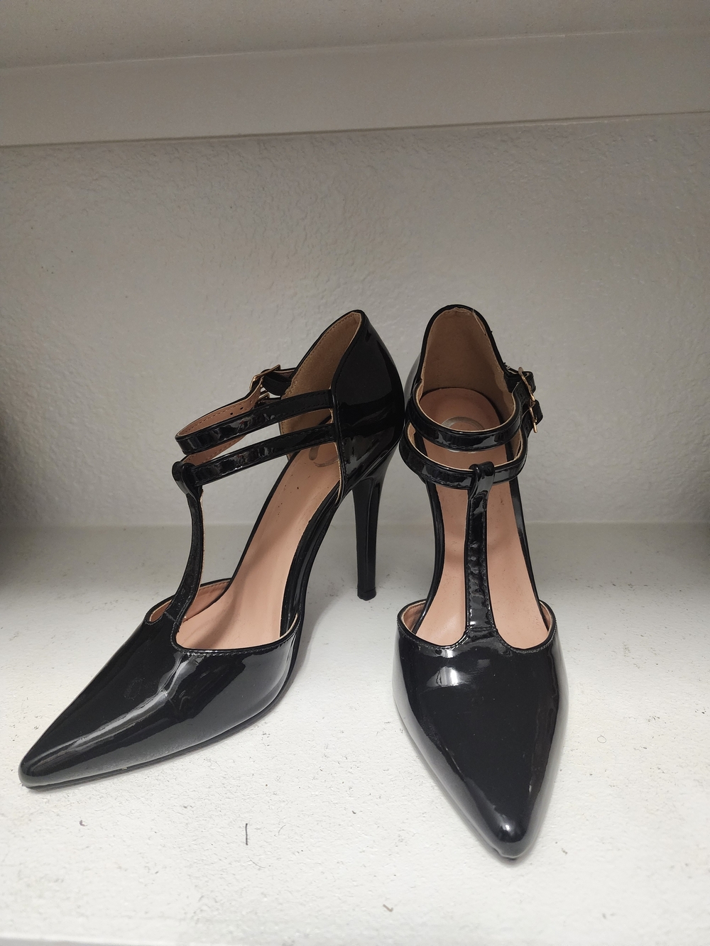 Classic Black Patent T-Strap High Heels - Women's Dress Pumps